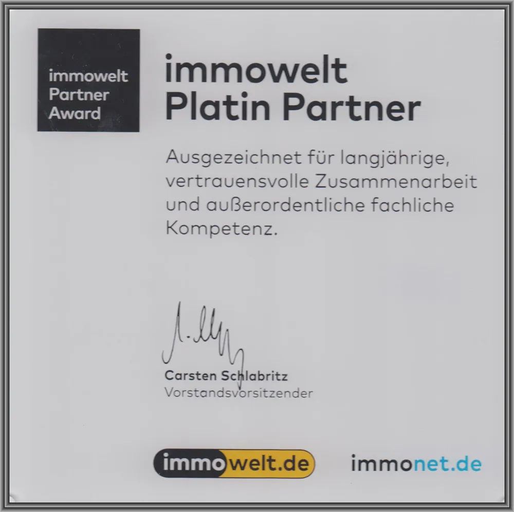 Urkunde immowelt Platin Partner